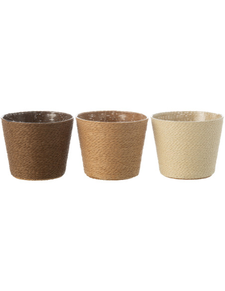 Petit Cache pot bohème Rond Diamètre 11 cm en Papier Plastique Blanc crème Naturel Marron Tressé Orwy (Lot de 3) - 1