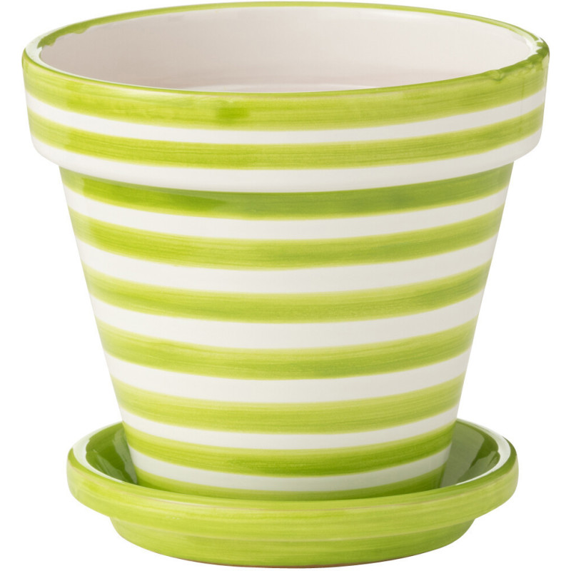 Grand Cache pot original extérieur Rond Diamètre 27 cm en Céramique Vert Blanc Motif lignes Granada - 1