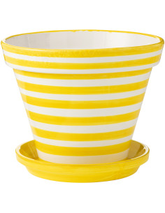Grand Cache pot original extérieur Rond Diamètre 50 cm en Céramique Jaune Blanc Motif lignes Granada - 1