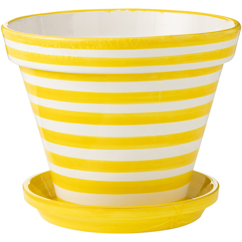 Grand Cache pot original extérieur Rond Diamètre 50 cm en Céramique Jaune Blanc Motif lignes Granada - 1