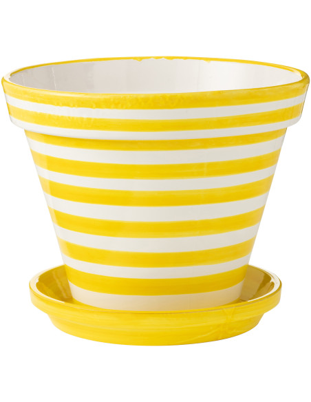 Grand Cache pot original extérieur Rond Diamètre 50 cm en Céramique Jaune Blanc Motif lignes Granada - 1