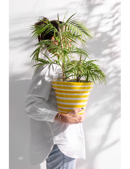Grand Cache pot original extérieur Rond Diamètre 50 cm en Céramique Jaune Blanc Motif lignes Granada - 2