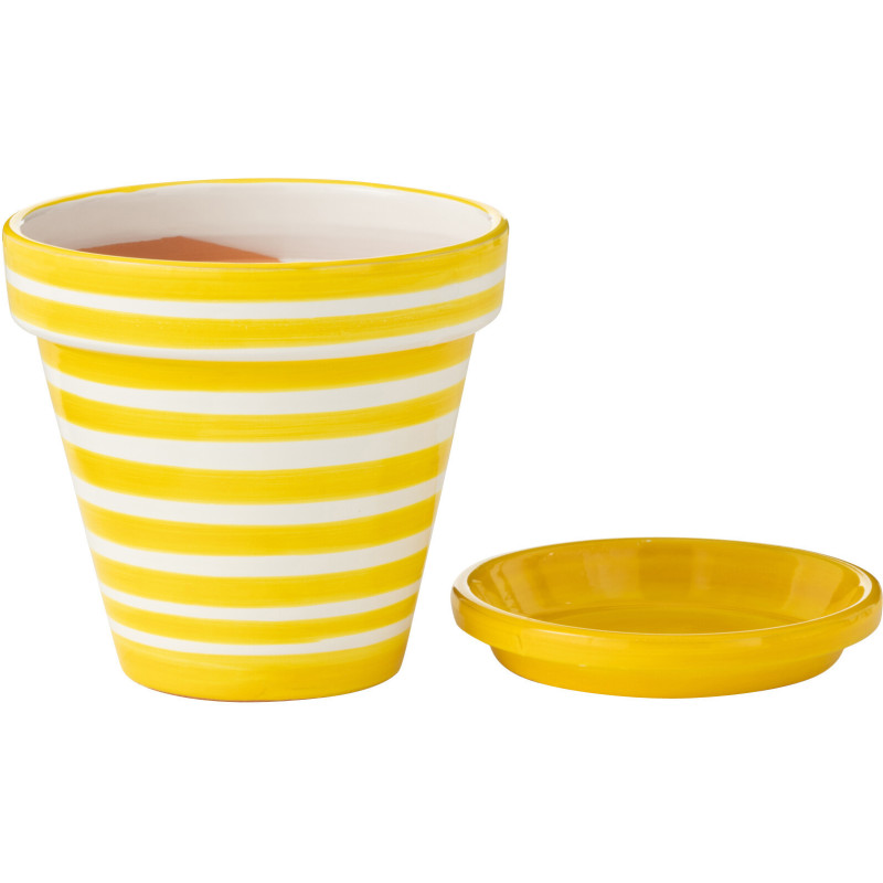 Grand Cache pot original extérieur Rond Diamètre 50 cm en Céramique Jaune Blanc Motif lignes Granada - 3