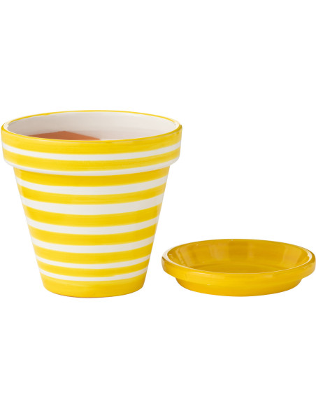 Grand Cache pot original extérieur Rond Diamètre 50 cm en Céramique Jaune Blanc Motif lignes Granada - 3