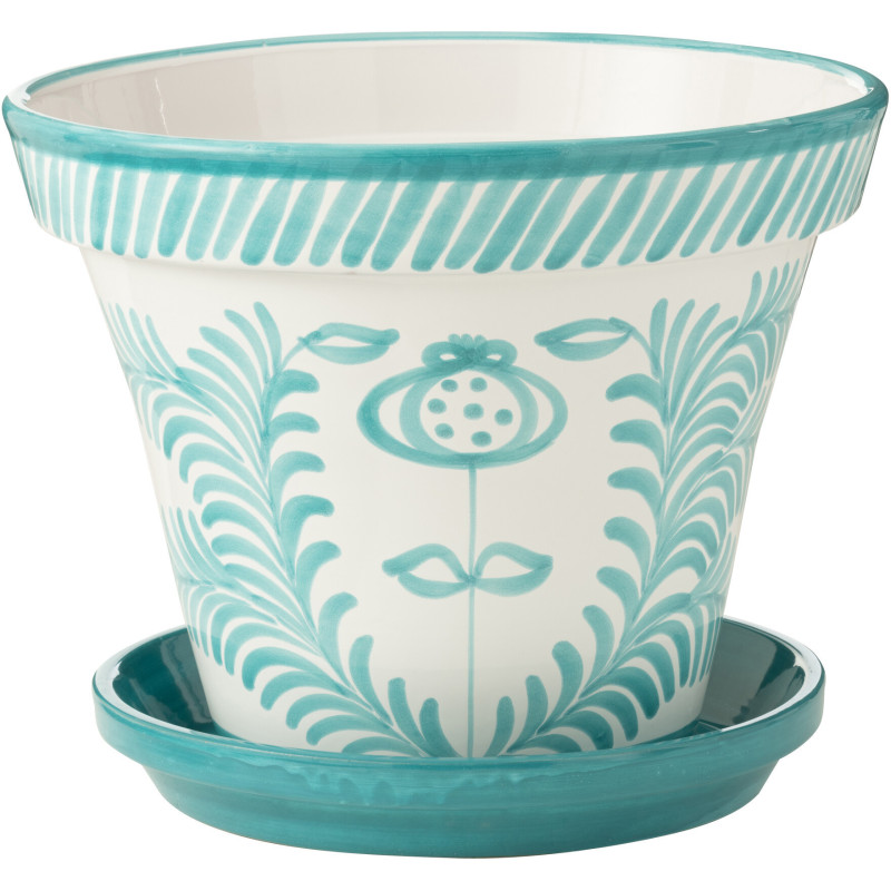 Grand Cache pot original extérieur Rond Diamètre 50 cm en Céramique Bleu aqua Blanc Motif fleur Granada - 1