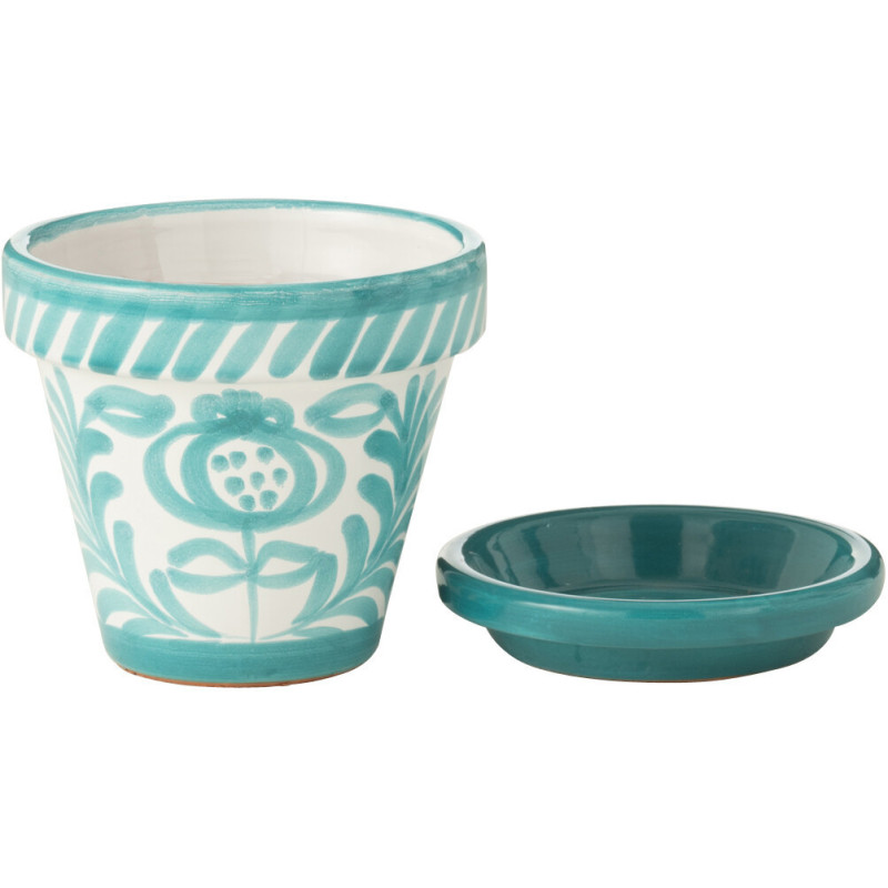 Grand Cache pot original extérieur Rond Diamètre 50 cm en Céramique Bleu aqua Blanc Motif fleur Granada - 2