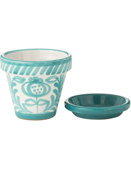 Grand Cache pot original extérieur Rond Diamètre 50 cm en Céramique Bleu aqua Blanc Motif fleur Granada - 2