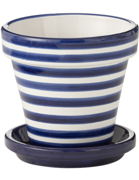 Cache pot original extérieur Rond Diamètre 21 cm en Céramique Bleu cobalt Blanc Motif lignes Granada - 1