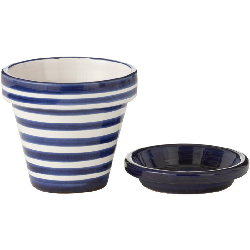 Cache pot original extérieur Rond Diamètre 21 cm en Céramique Bleu cobalt Blanc Motif lignes Granada - 2