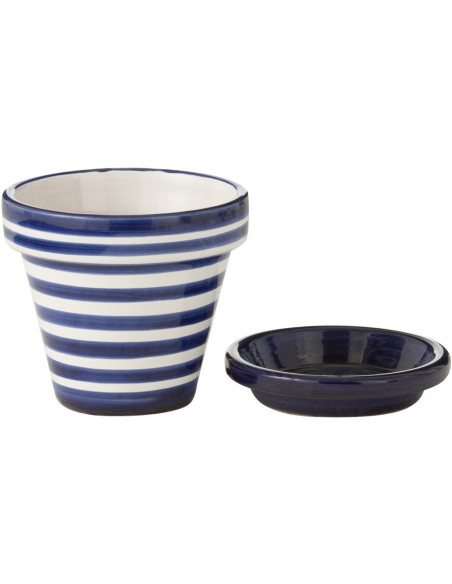 Cache pot original extérieur Rond Diamètre 21 cm en Céramique Bleu cobalt Blanc Motif lignes Granada - 2