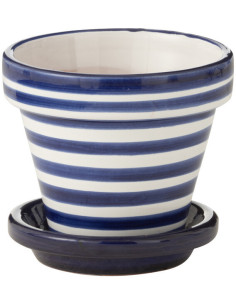 Petit Cache pot original extérieur Rond Diamètre 17 cm en Céramique Bleu cobalt Blanc Motif lignes Granada - 1