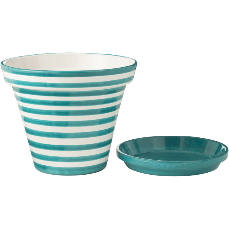 Petit Cache pot original extérieur Rond Diamètre 17 cm en Céramique Bleu cobalt Blanc Motif lignes Granada - 2