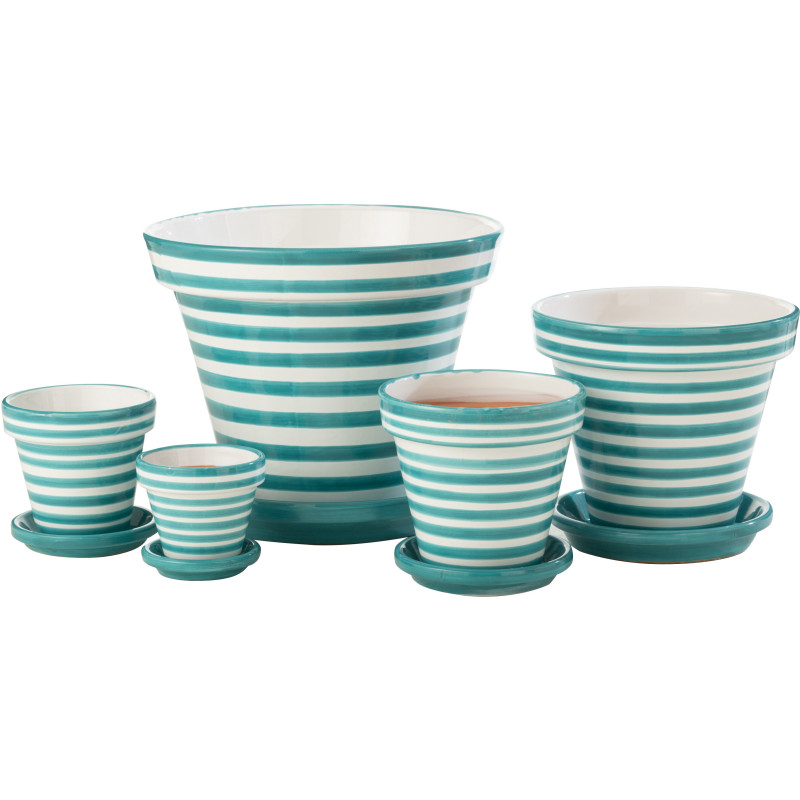 Petit Cache pot original extérieur Rond Diamètre 17 cm en Céramique Bleu cobalt Blanc Motif lignes Granada - 3