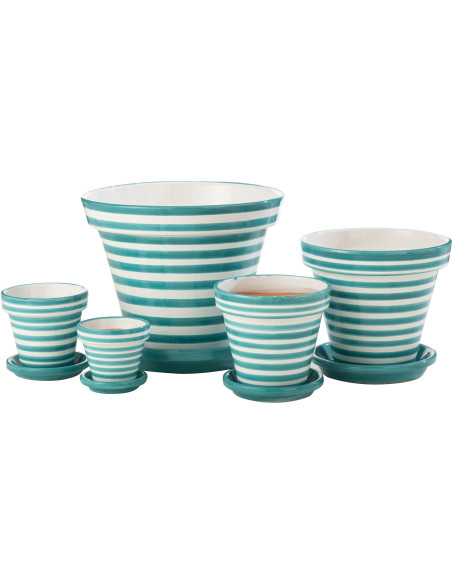 Petit Cache pot original extérieur Rond Diamètre 17 cm en Céramique Bleu cobalt Blanc Motif lignes Granada - 3