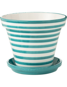 Grand Cache pot original extérieur Rond Diamètre 50 cm en Céramique Bleu aqua Blanc Motif lignes Granada - 1