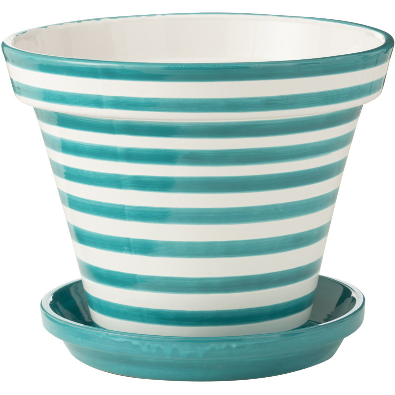 Grand Cache pot original extérieur Rond Diamètre 50 cm en Céramique Bleu aqua Blanc Motif lignes Granada - 1