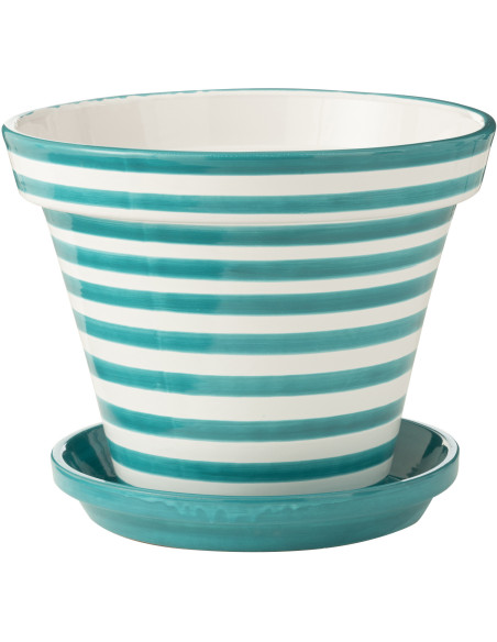 Grand Cache pot original extérieur Rond Diamètre 50 cm en Céramique Bleu aqua Blanc Motif lignes Granada - 1