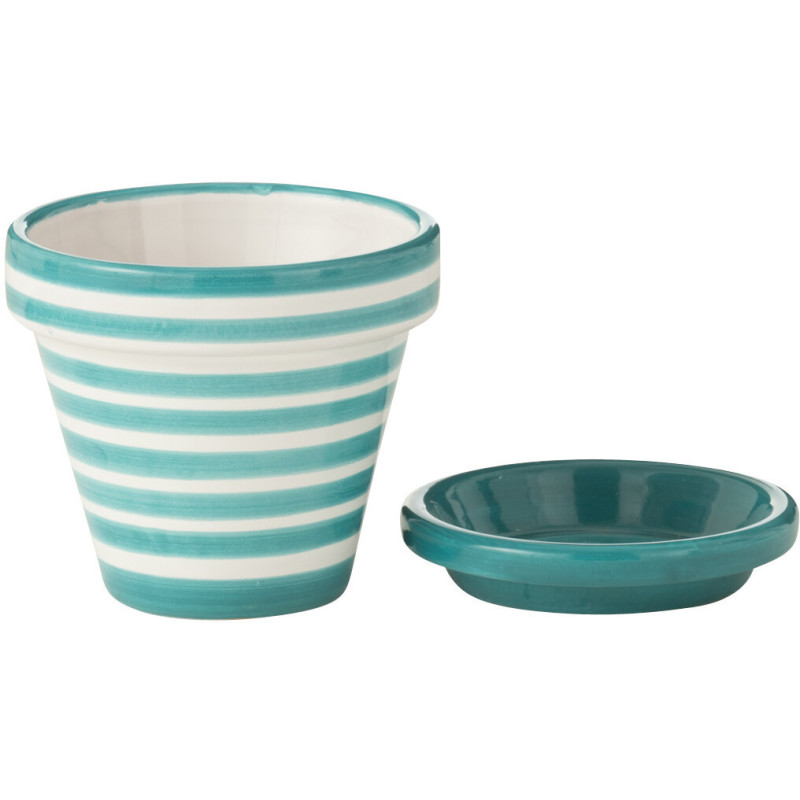 Grand Cache pot original extérieur Rond Diamètre 50 cm en Céramique Bleu aqua Blanc Motif lignes Granada - 2