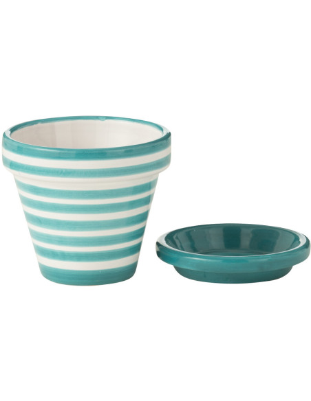 Grand Cache pot original extérieur Rond Diamètre 50 cm en Céramique Bleu aqua Blanc Motif lignes Granada - 2