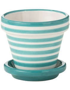 Petit Cache pot original extérieur Rond Diamètre 17 cm en Céramique Bleu aqua Blanc Motif lignes Granada - 1
