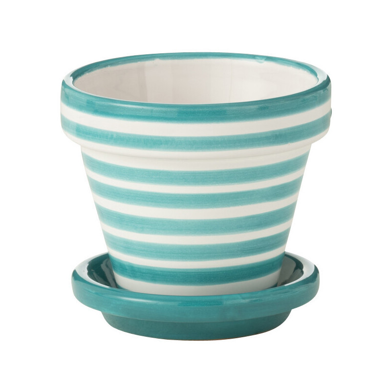 Petit Cache pot original extérieur Rond Diamètre 17 cm en Céramique Bleu aqua Blanc Motif lignes Granada - 1