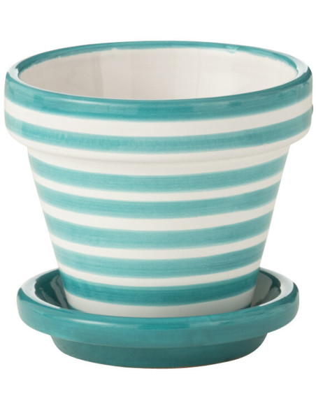 Petit Cache pot original extérieur Rond Diamètre 17 cm en Céramique Bleu aqua Blanc Motif lignes Granada - 1