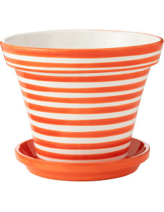 Grand Cache pot original extérieur Rond Diamètre 50 cm en Céramique Orange Blanc Motif lignes Granada - 1