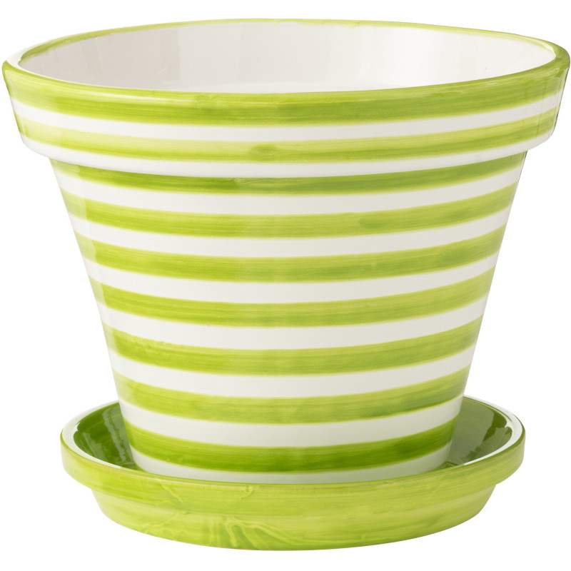 Grand Cache pot original extérieur Rond Diamètre 50 cm en Céramique Vert Blanc Motif lignes Granada - 1