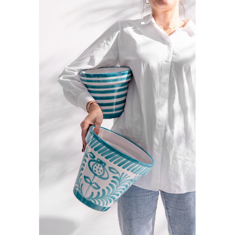 Grand Cache pot original extérieur Rond Diamètre 50 cm en Céramique Vert Blanc Motif lignes Granada - 2