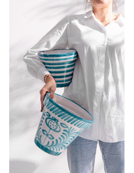 Grand Cache pot original extérieur Rond Diamètre 50 cm en Céramique Vert Blanc Motif lignes Granada - 2