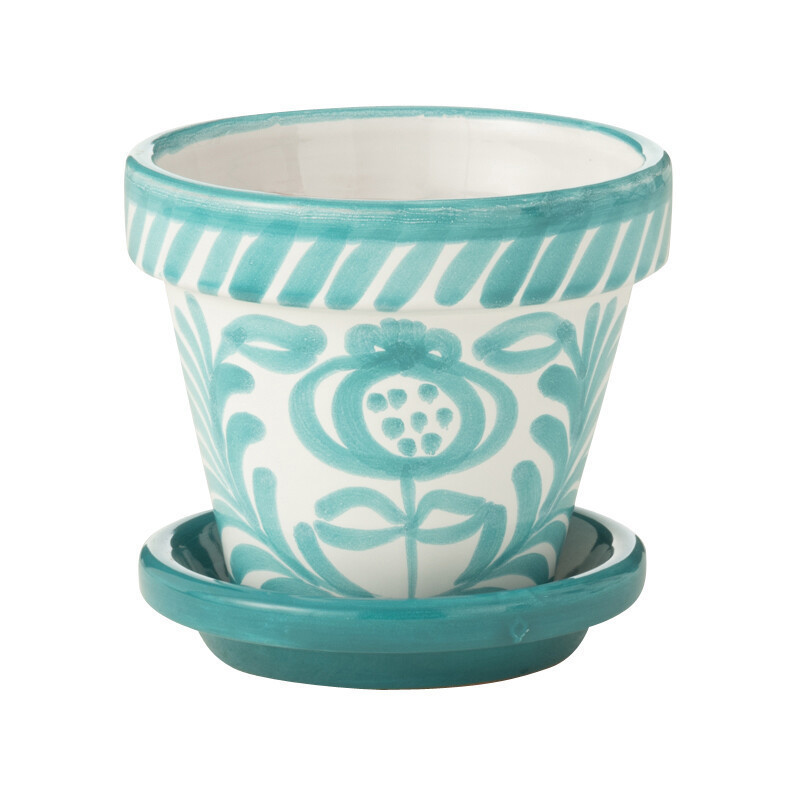 Petit Cache pot original extérieur Rond Diamètre 17 cm en Céramique Bleu aqua Blanc Motif fleur Granada - 1