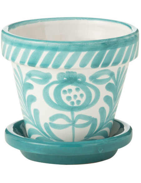 Petit Cache pot original extérieur Rond Diamètre 17 cm en Céramique Bleu aqua Blanc Motif fleur Granada - 1
