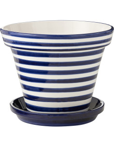 Grand Cache pot original extérieur Rond Diamètre 50 cm en Céramique Bleu cobalt Blanc Motif lignes Granada - 1