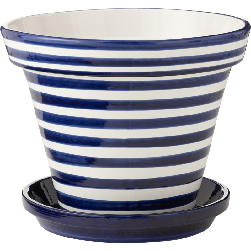 Grand Cache pot original extérieur Rond Diamètre 50 cm en Céramique Bleu cobalt Blanc Motif lignes Granada - 1