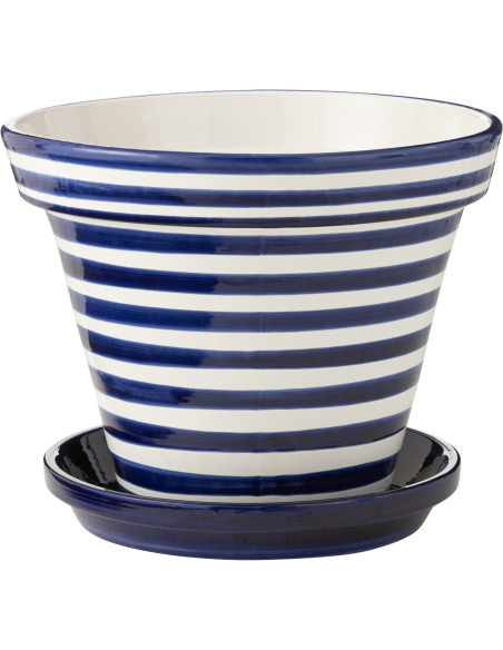 Grand Cache pot original extérieur Rond Diamètre 50 cm en Céramique Bleu cobalt Blanc Motif lignes Granada - 1
