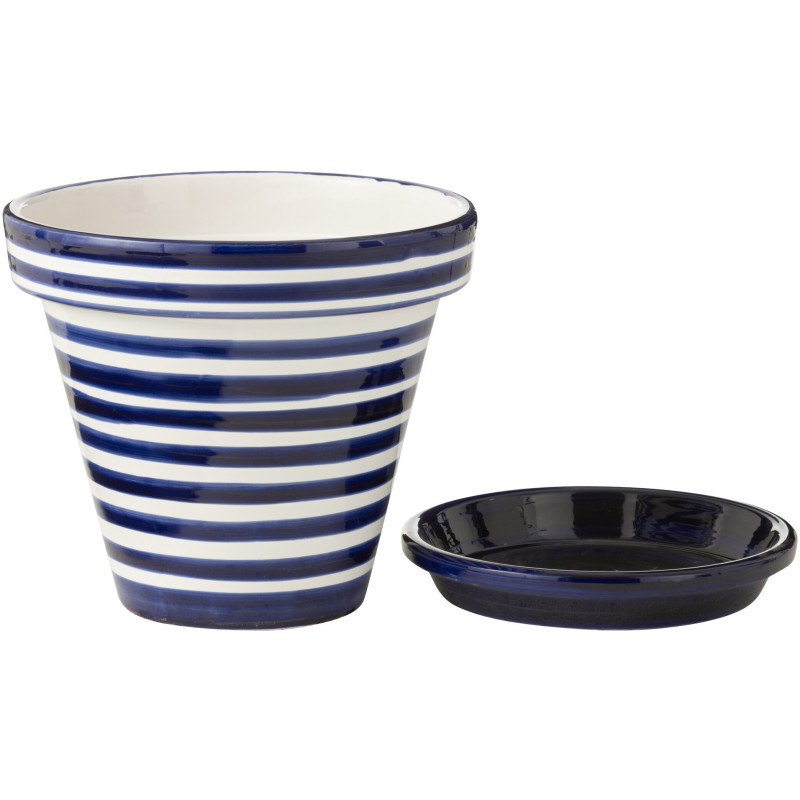 Grand Cache pot original extérieur Rond Diamètre 50 cm en Céramique Bleu cobalt Blanc Motif lignes Granada - 2