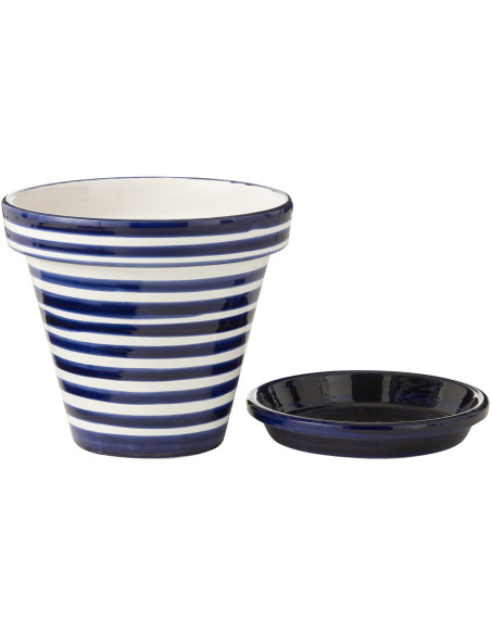 Grand Cache pot original extérieur Rond Diamètre 50 cm en Céramique Bleu cobalt Blanc Motif lignes Granada - 2