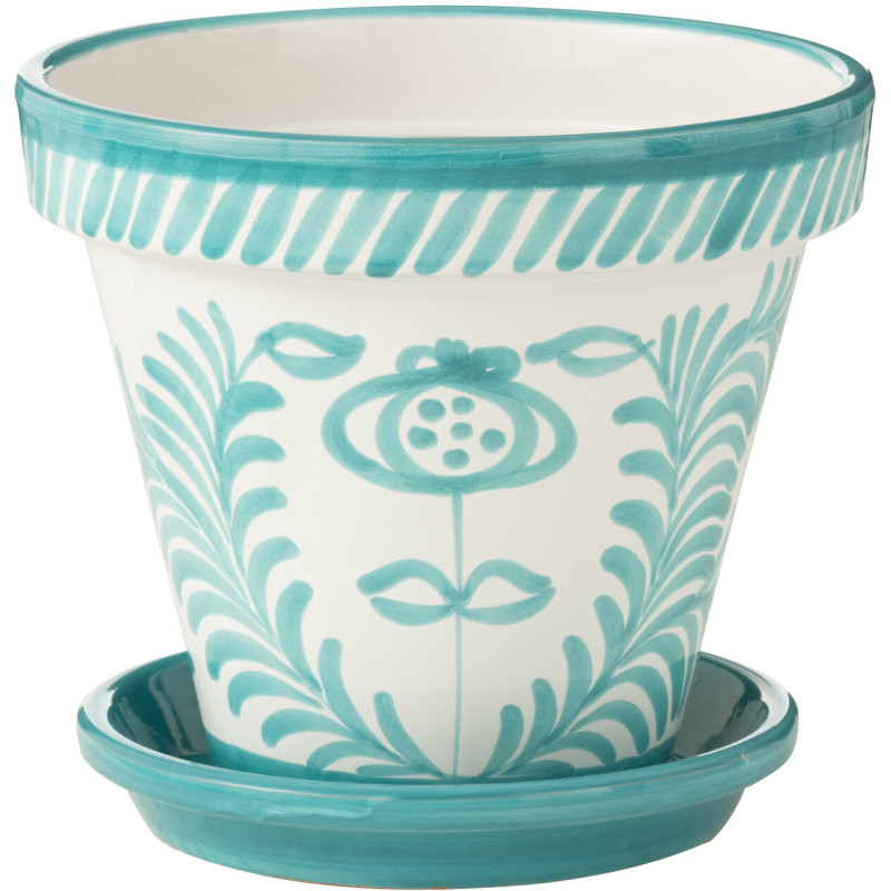 Grand Cache pot original extérieur Rond Diamètre 35 cm en Céramique Bleu aqua Blanc Motif fleur Granada - 1