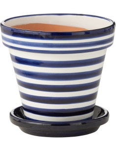 Grand Cache pot original extérieur Rond Diamètre 27 cm en Céramique Bleu cobalt Blanc Motif lignes Granada - 1