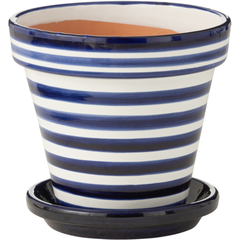 Grand Cache pot original extérieur Rond Diamètre 27 cm en Céramique Bleu cobalt Blanc Motif lignes Granada - 1