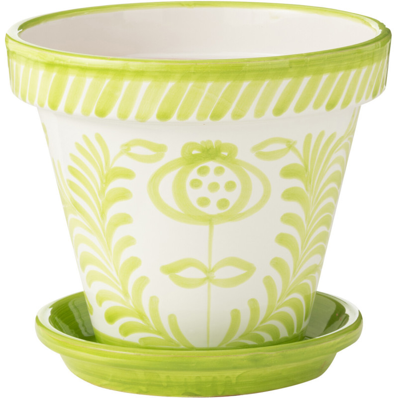 Grand Cache pot original extérieur Rond Diamètre 35 cm en Céramique Vert Blanc Motif fleur Granada - 1
