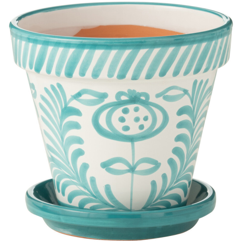 Grand Cache pot original extérieur Rond Diamètre 27 cm en Céramique Bleu aqua Blanc Motif fleur Granada - 1