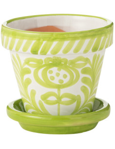 Petit Cache pot original extérieur Rond Diamètre 17 cm en Céramique Vert Blanc Motif fleur Granada - 1