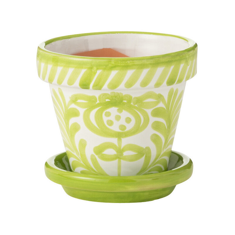 Petit Cache pot original extérieur Rond Diamètre 17 cm en Céramique Vert Blanc Motif fleur Granada - 1