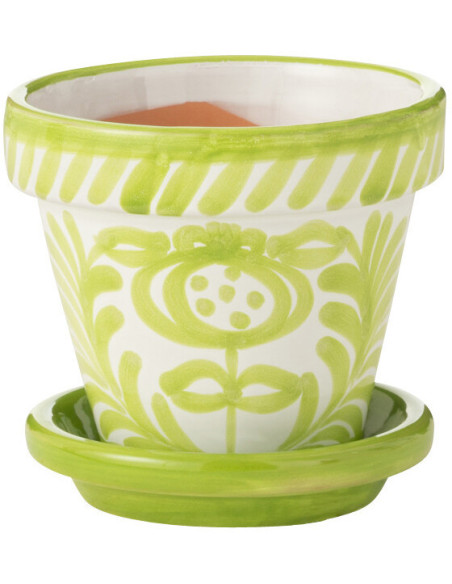 Petit Cache pot original extérieur Rond Diamètre 17 cm en Céramique Vert Blanc Motif fleur Granada - 1