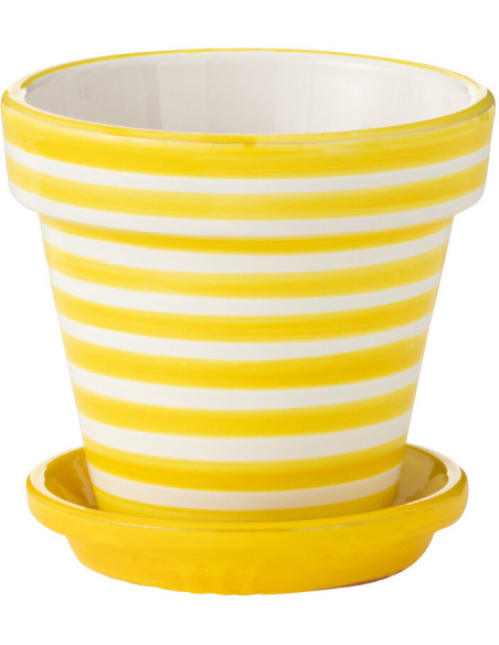 Cache pot original extérieur Rond Diamètre 21 cm en Céramique Jaune Blanc Motif lignes Granada - 1