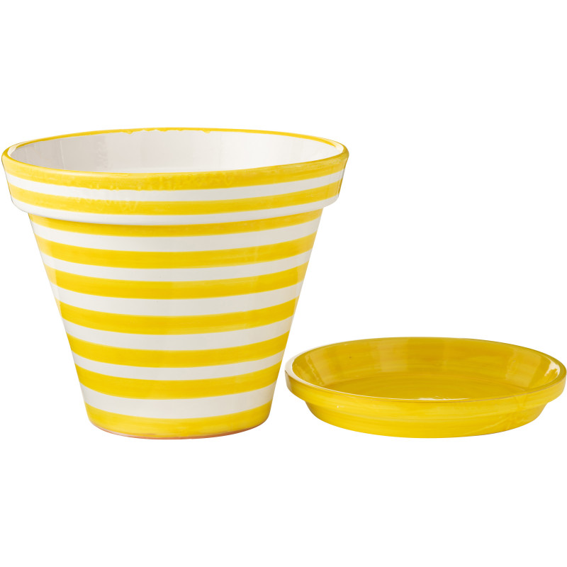 Cache pot original extérieur Rond Diamètre 21 cm en Céramique Jaune Blanc Motif lignes Granada - 2