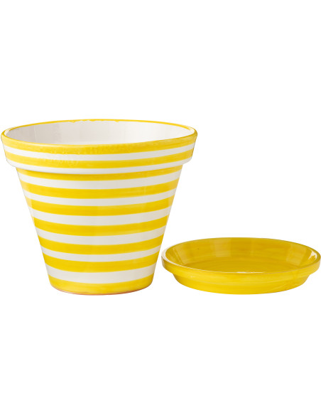 Cache pot original extérieur Rond Diamètre 21 cm en Céramique Jaune Blanc Motif lignes Granada - 2