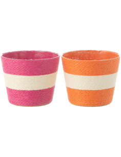 Petit Cache pot bohème Rond Diamètre 11 cm en Papier Plastique Rose Orange Tressé Orwy (Lot de 2) - 1