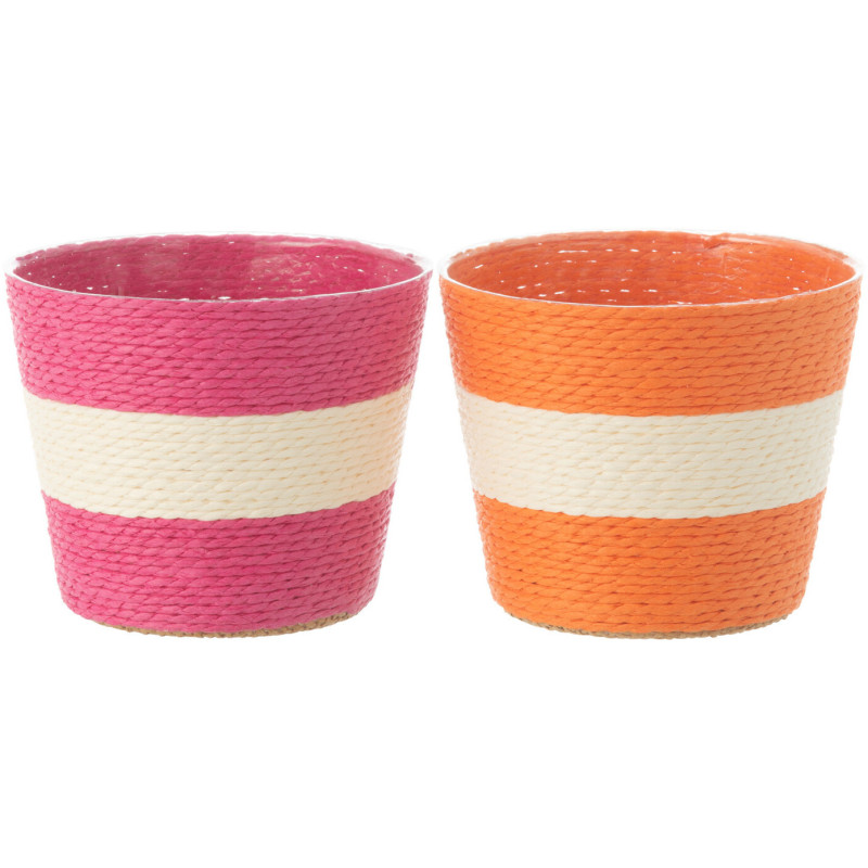Petit Cache pot bohème Rond Diamètre 11 cm en Papier Plastique Rose Orange Tressé Orwy (Lot de 2) - 1